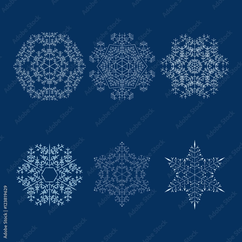 Set of six snowflakes. Blue background. Vector.