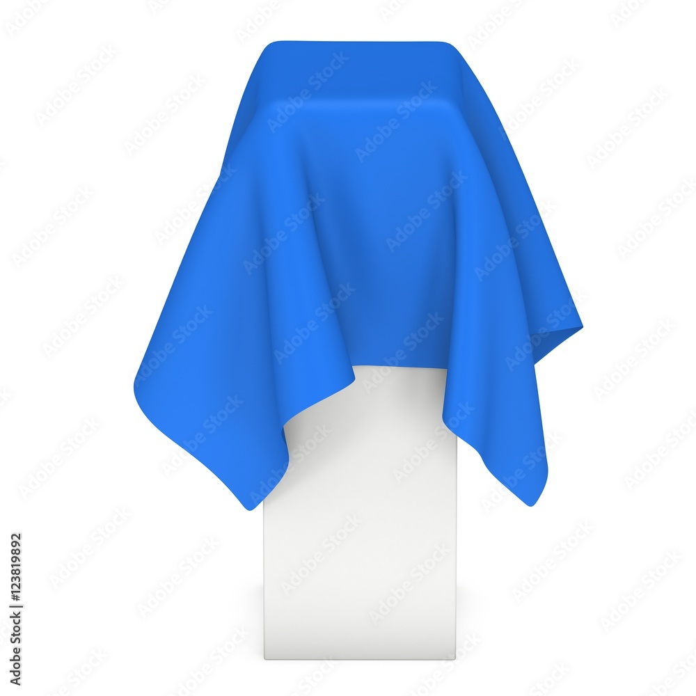 Presentation pedestal covered with blue cloth Presentation pedestal covered with blue cloth