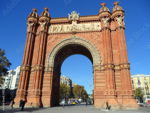 Beautiful Triumphal Arch of Barcelona or Arco de Triunfo against vivid blue sky, Spain 
