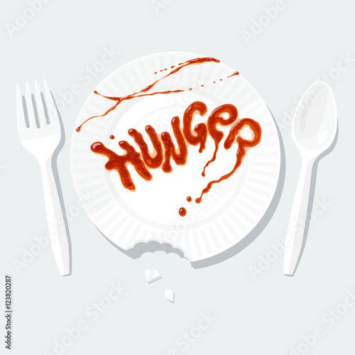 Hunger. Ketchup lettering on a paper plate with a plastic fork and spoon. Edge of the plate is bitten, has trace of a teeth. A conceptual metaphor alludes to poor eatery service or to a moody client.