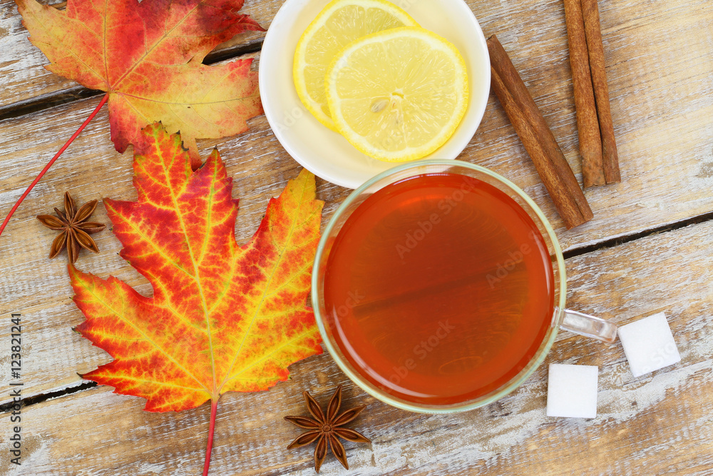 Tea, autumn leaf, lemon, star anise and cinnamon
