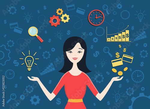 Flat design vector illustration of young business woman shows converting of idea into money. Business idea concept
