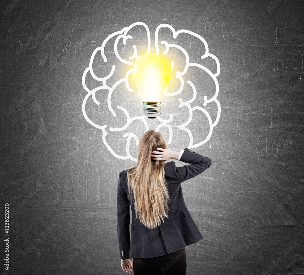 Woman scratching head and light bulb with brain Woman scratching head and light bulb with brain