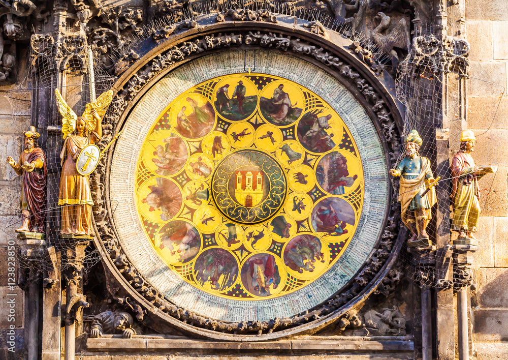 Prague astronomical clock in the building of the Old Town Hall. Prague, Czech Republic. Details of the facade closeup