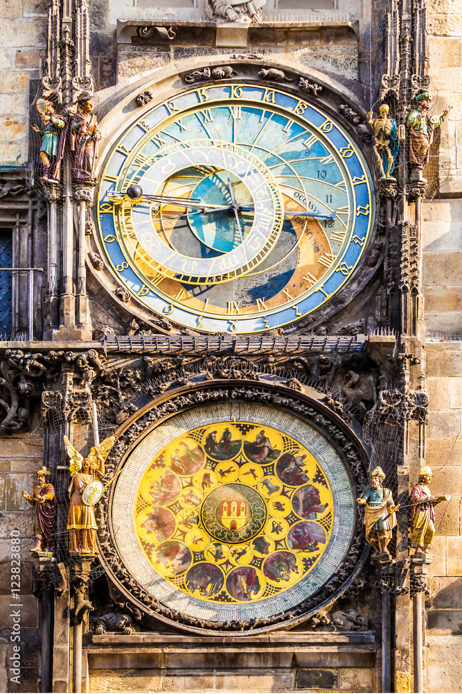 Obraz premium Prague astronomical clock in the building of the Old Town Hall. Prague, Czech Republic. Details of the facade closeup