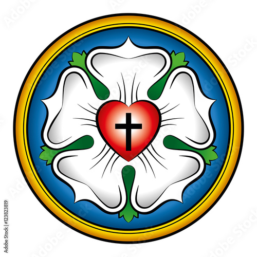 Luther rose colored calligraphic illustration. Also Luther seal, symbol of Lutheranism. Expression of theology and faith of Martin Luther, consisting of a cross, an heart, a single rose and a ring.