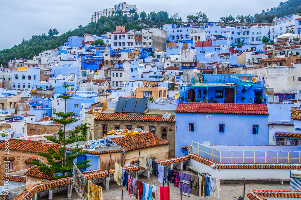 A view of the blue city of Chefchaouen in the Rif mountains, Morocco
