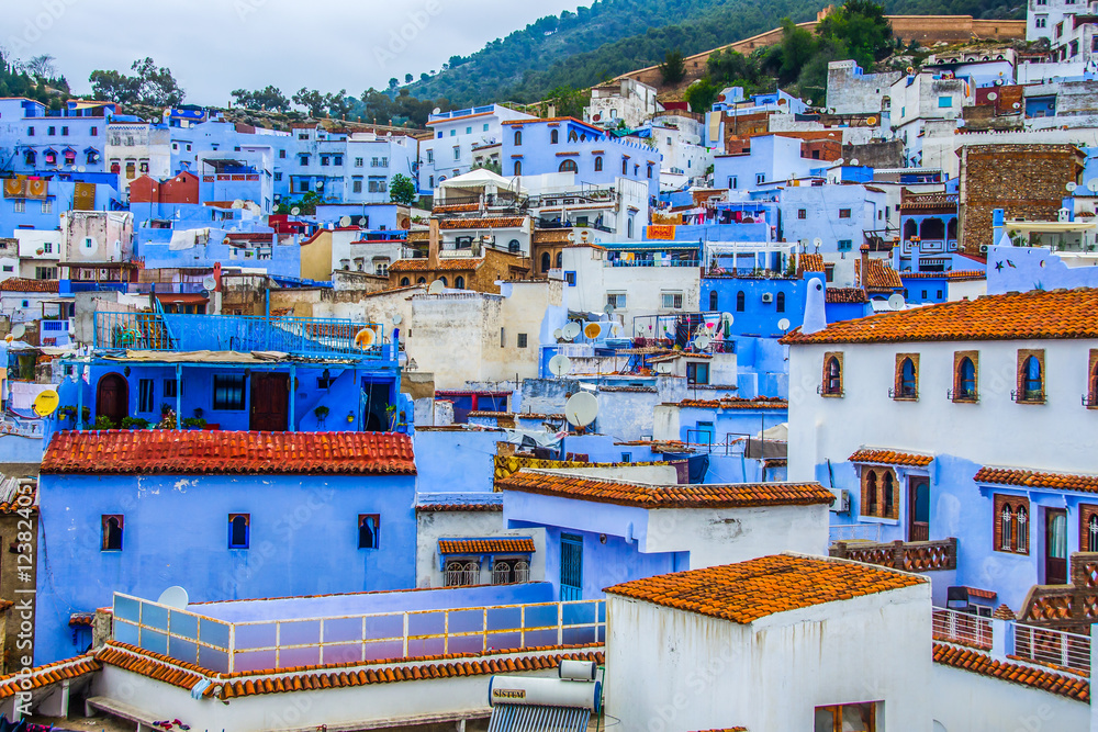 A view of the blue city of Chefchaouen in the Rif mountains, Morocco
