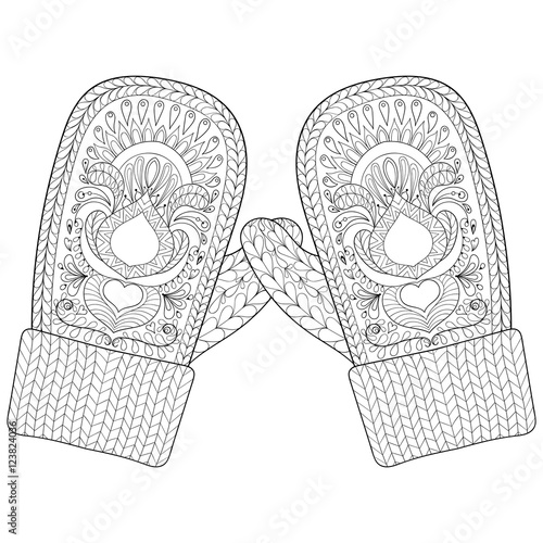 Winter warm knitted mittens in zentangle style. Hand drawn happy