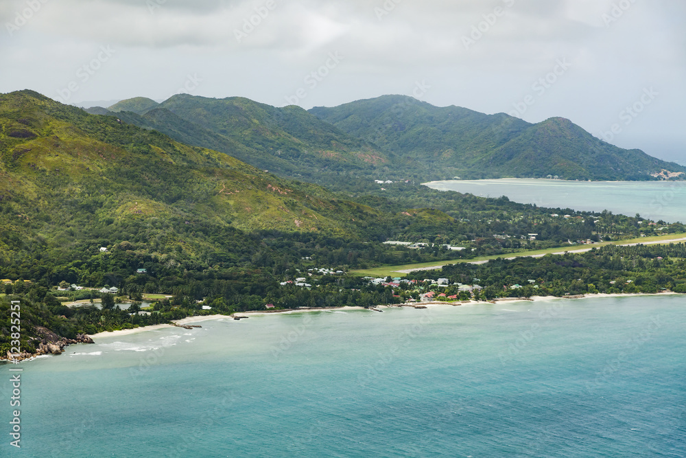 Praslin Coastline And Airport Aerial, Seychelles