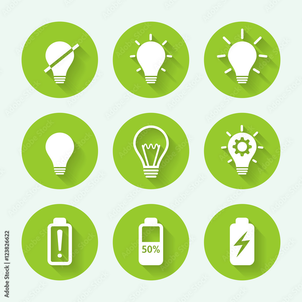 Light bulb green icon set, flat design. Vector illustration.