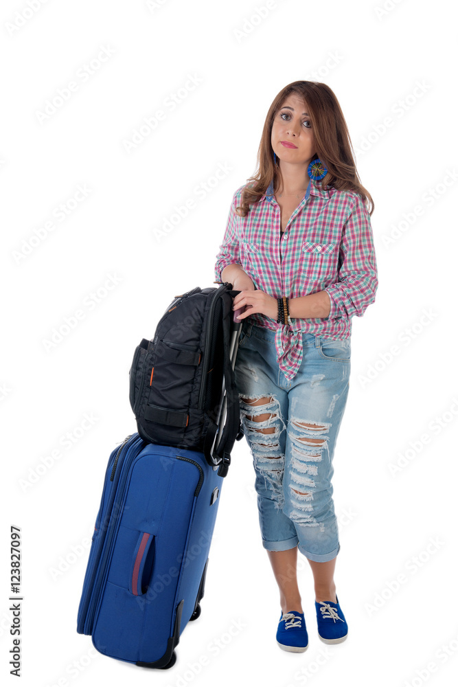 Young girl in casual walking with the travel bag, isolated on white background Young girl in casual walking with the travel bag, isolated on white background