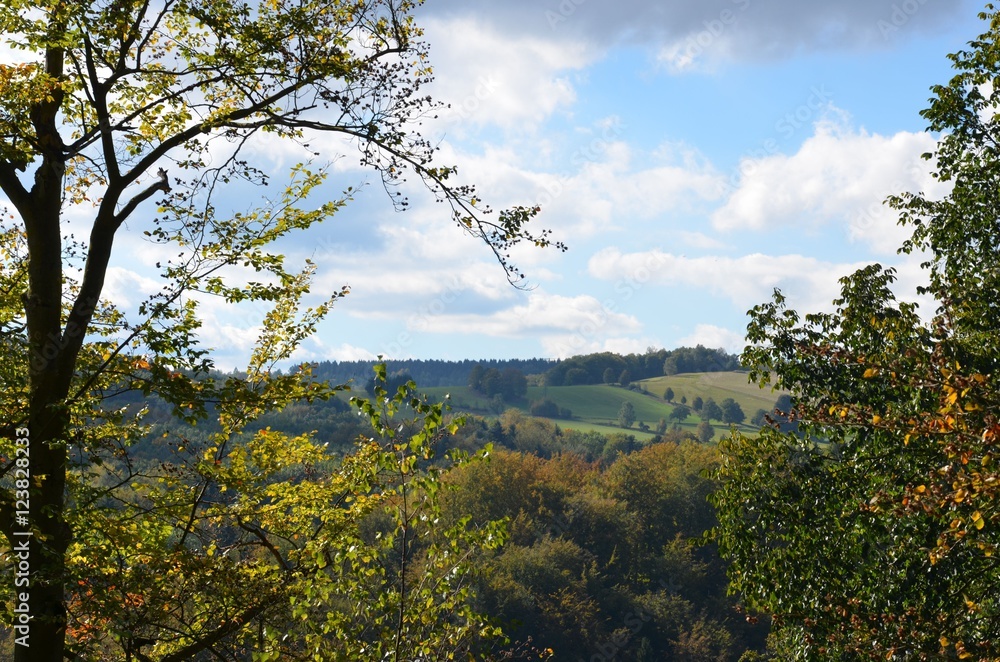 Fototapeta premium Herbstlandschaft - Ausblick über herbstliche Hügellandschaft 