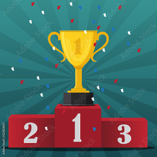 Gold trophy Cup on prize podium -vector illustration
