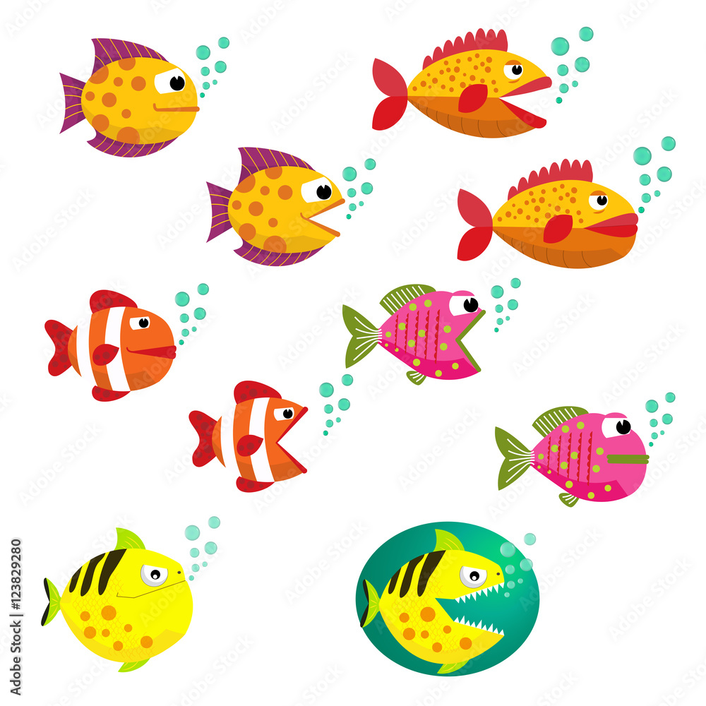 Cartoon colorful sea fish collection set isolated on white background ...