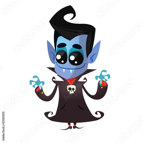 Cute cartoon vampire smiling. Vector illustration with speech bubble
