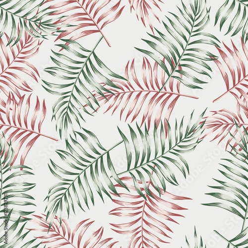 Seamless pattern wallpaper of exotic tropical palm leaves. Vector illustration on gray background