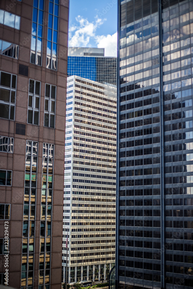 Skyscrapers in downtown Chicago with reflections in windows