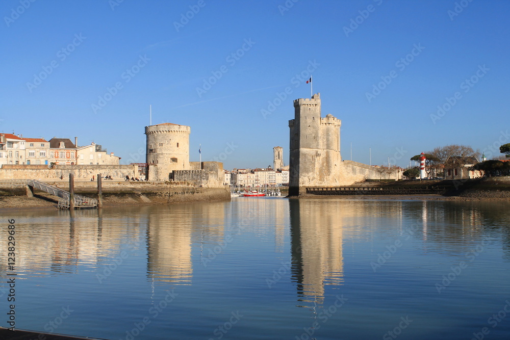 Medieval towers of La Rochelle, the French city and seaport located on the Bay of Biscay, a part of the Atlantic Ocean