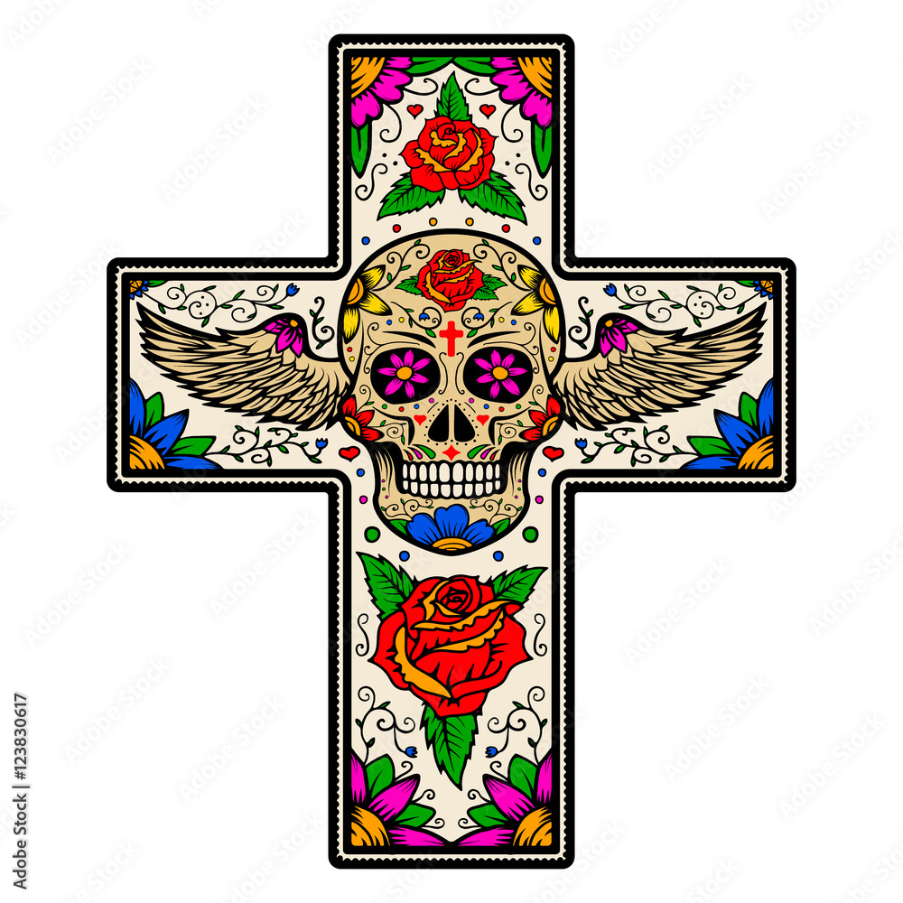Cross with winged sugar skull isolated on white background. Day