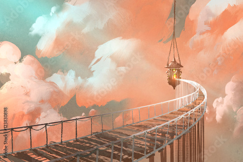 rope bridge leading to the hanging lantern in a clouds,illustration painting
