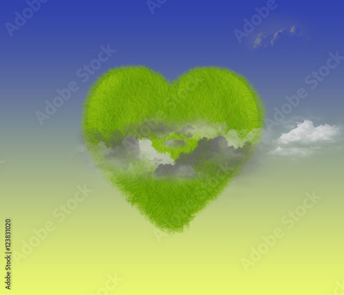 Grass heart illustration/Grass heart floating in the sky