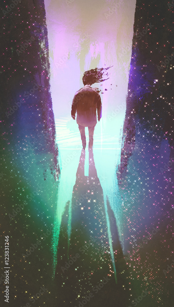 Fototapeta premium man walking out from a dark space into light,illustration painting
