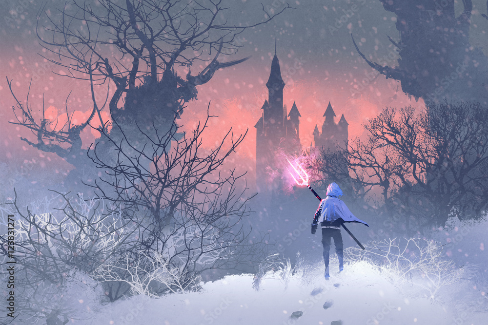 Obraz premium knight with trident in winter landscape,illustration painting