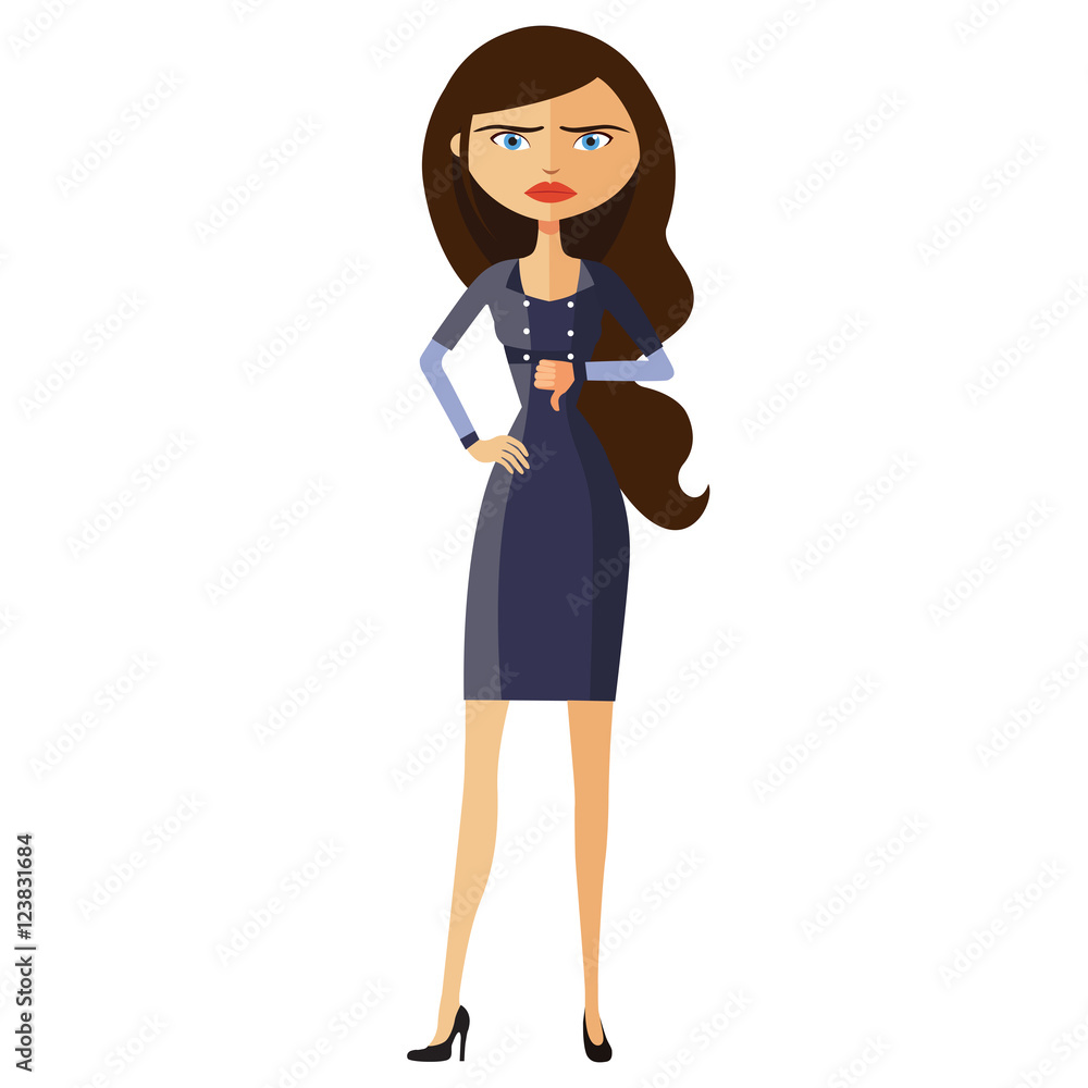 Angry unhappy businesswoman thumbs down vector flat cartoon illustration Angry unhappy businesswoman thumbs down vector flat cartoon illustration
