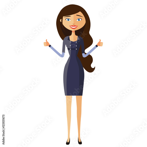 Glad young businesswoman showing thumbs up vector flat cartoon illustration