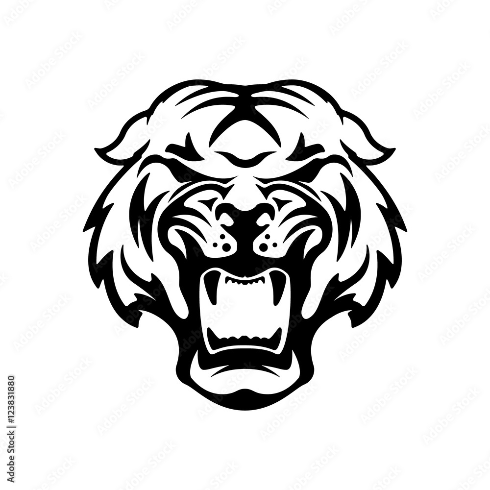 Monochrome angry tiger icon isolated on white background.  Desig