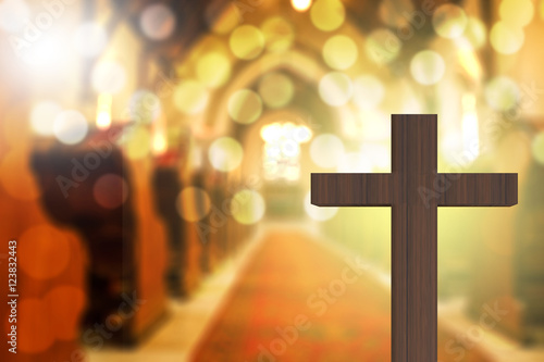 Photo 3D rendering of wooden cross in blurred church interior