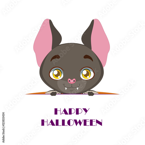 Cute bat peeking out with Happy Halloween text beneath him