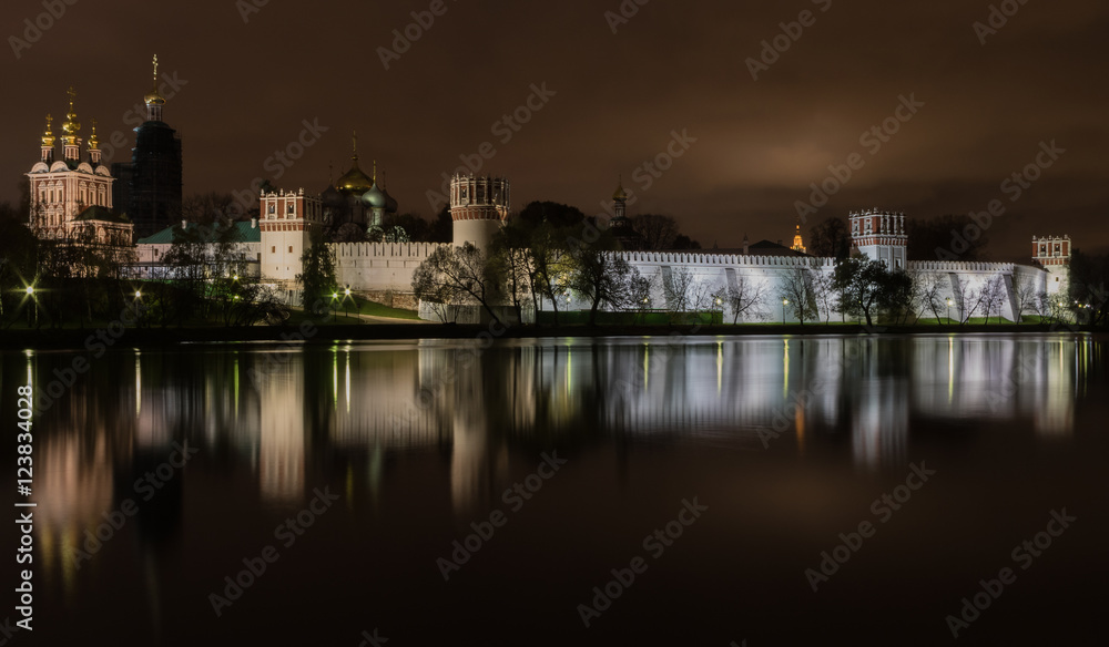 Night view illuminated Novodevichy Convent of Our Lady of Smolen