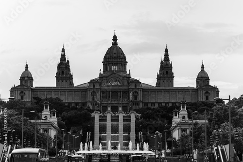 Landscape of the Gallery of Art at Montjuic Barcelona Spain in black and white