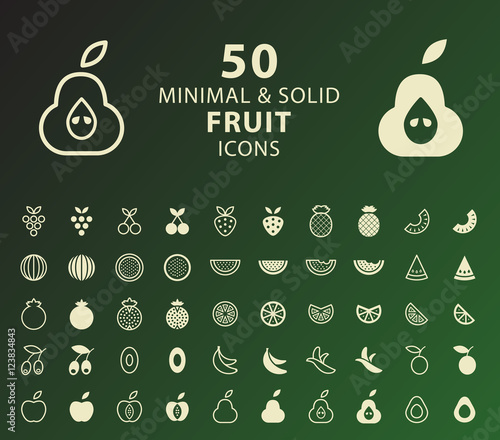 Set of 50 Minimal and Solid Fruit Icons. Vector Isolated Elements.