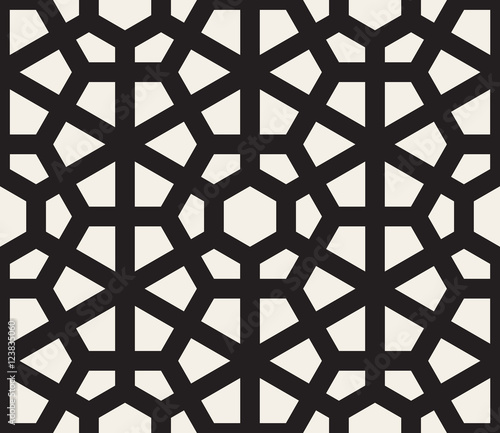 Vector Seamless Black and White Hexagon Lines Pattern