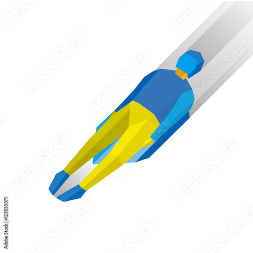 Winter sports - luge (sledging). Cartoon sportsman in blue and yellow sledding. Flat style vector clip art isolated on white background