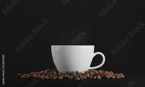 White cup of coffee against black background