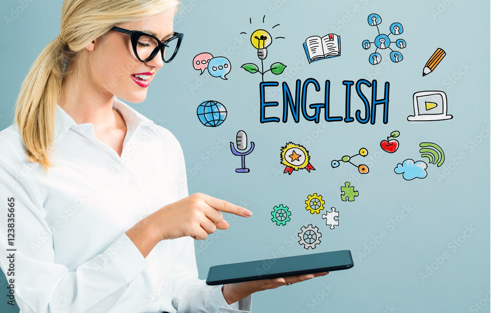 English text with business woman English text with business woman