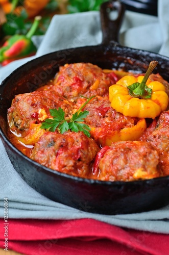 Stuffed bell pepper with minced meat and rice, and meatballs in tomato sauce in a frying pan