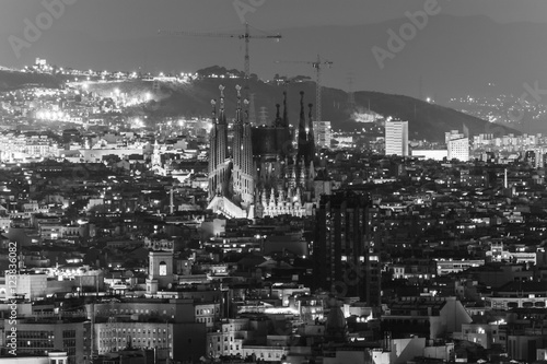 Cityscape of Barcelona, Spain at night in black and white