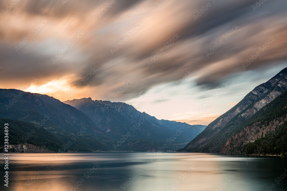 Anderson Lake Dreamscape. Long exposure Sunset at Anderson Lake, British Columbia, Canada, creating a dreamy effect
