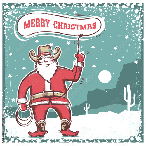 Santa Claus in cowboy boots  twirling a lasso .Merry christmas c