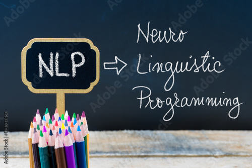 Business Acronym NLP Neuro Linguistic Programming written with chalk on wooden mini blackboard labels photo