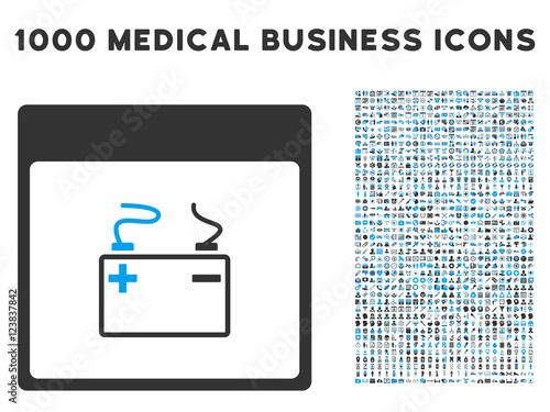 Blue And Gray Accumulator Calendar Page vector icon with 1000 medical business pictograms. Set style is flat bicolor symbols, blue and gray colors, white background.