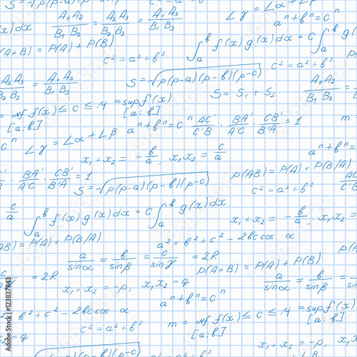 Seamless pattern on the theme of the subject of mathematics  formulas theorems on the notebook sheet in a cage