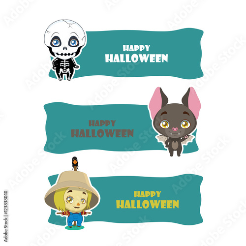 Cute Halloween monster banners - skeleton, bat, scarecrow