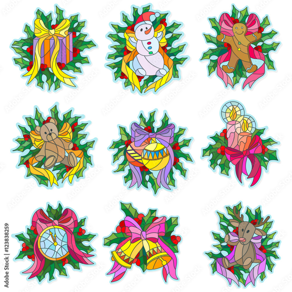 Obraz premium A set of Christmas stickers in the stained glass style with the symbols of the winter holidays