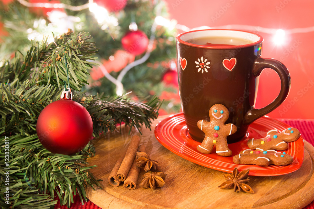 Christmas tree, gingerbread cookies and tea Christmas tree, gingerbread cookies and tea